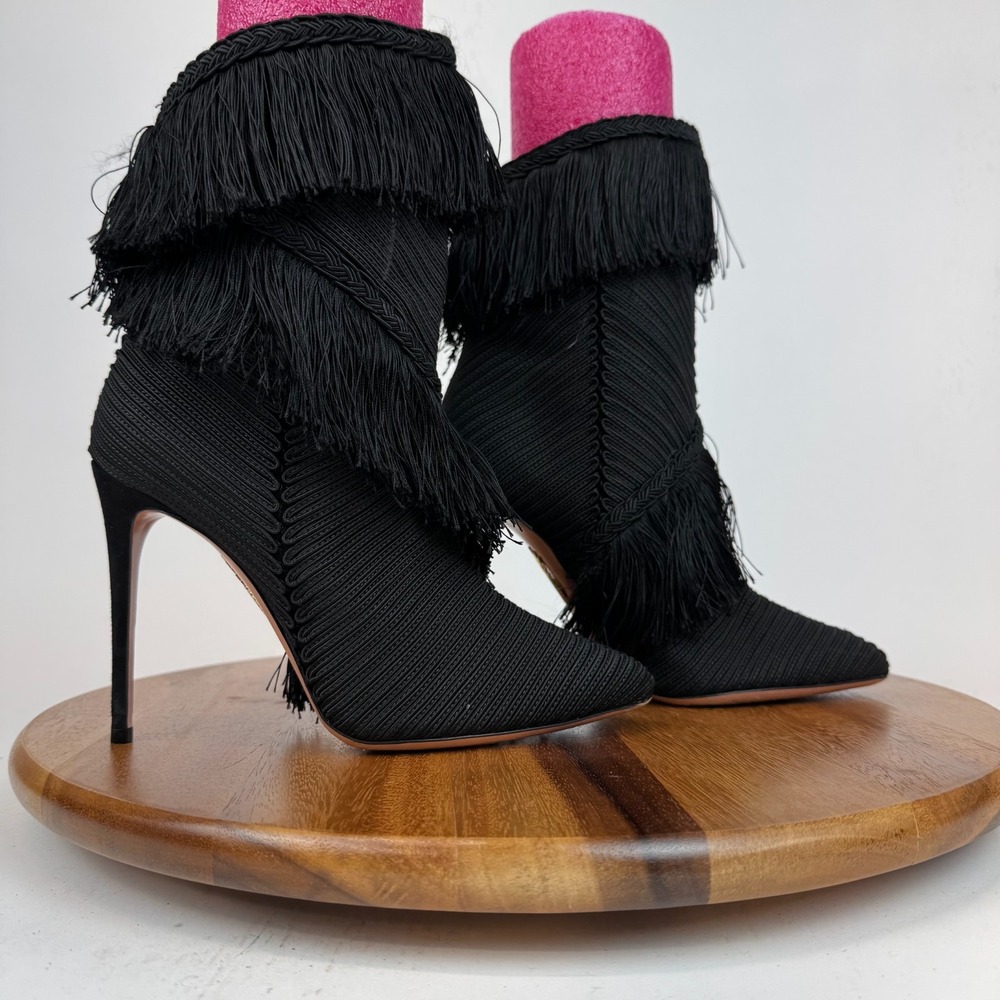 Womens Aquazzura Black Fringe Heeled Ankle Boots Booties Size 38.5 US 8.5 M GUC - Picture 1 of 7